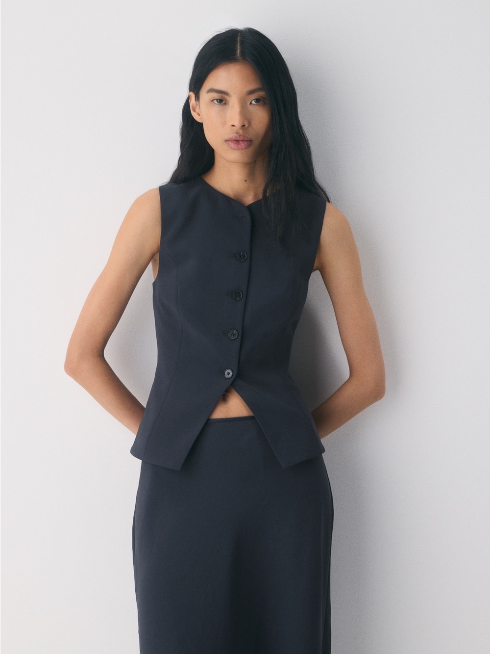 Zara Navy Sleeveless Buttoned Vest Top